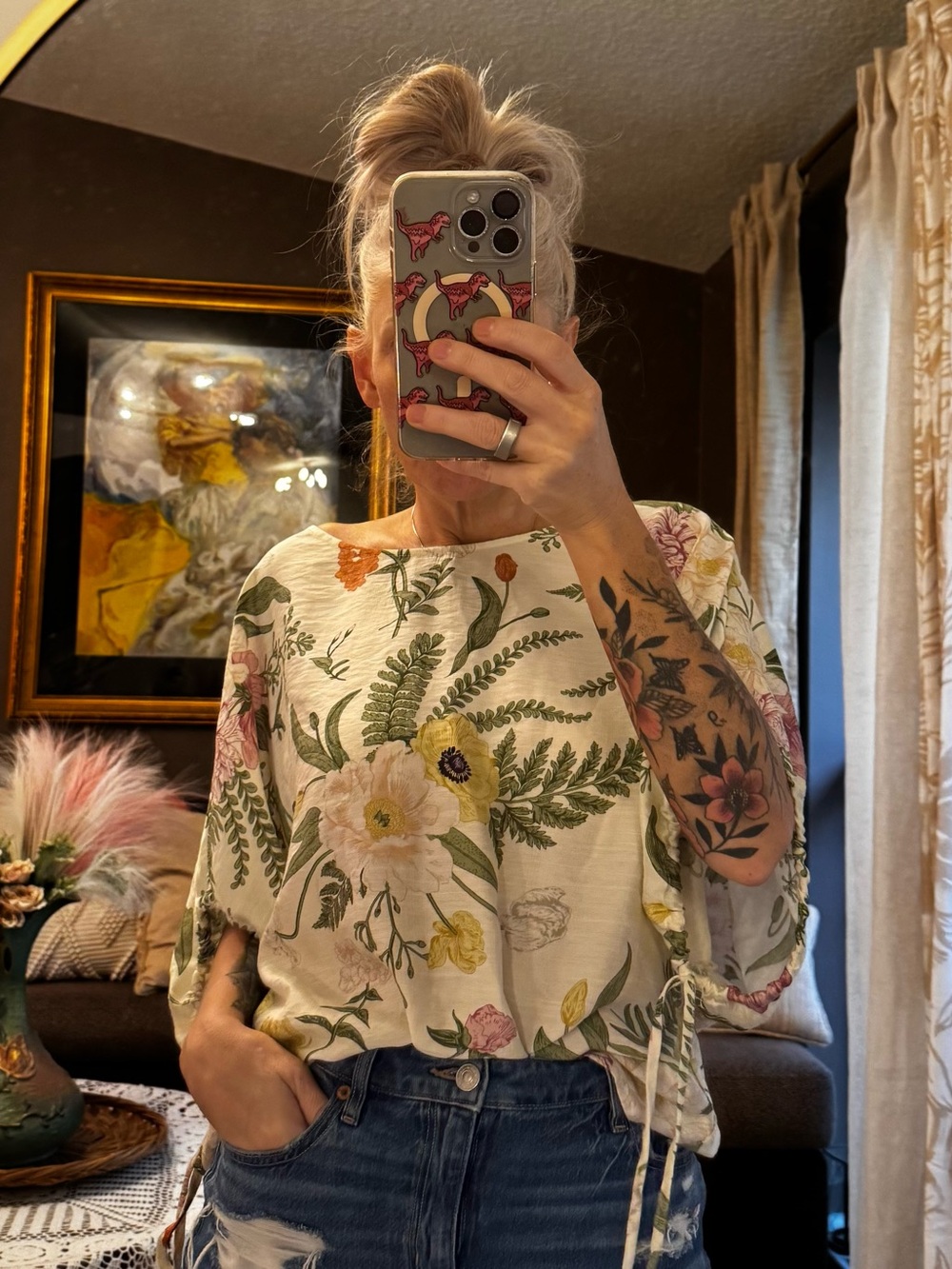 MELLODAY Cream Floral Dolman Tunic Top